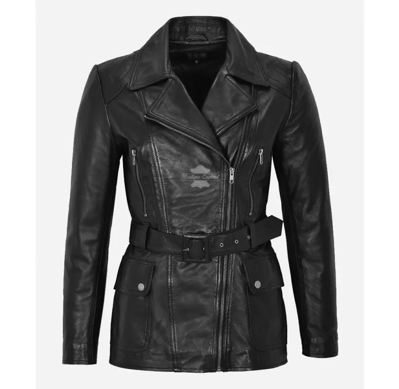 ANGELINE Women's Mid Length Leather Coat Belted Long Jacket