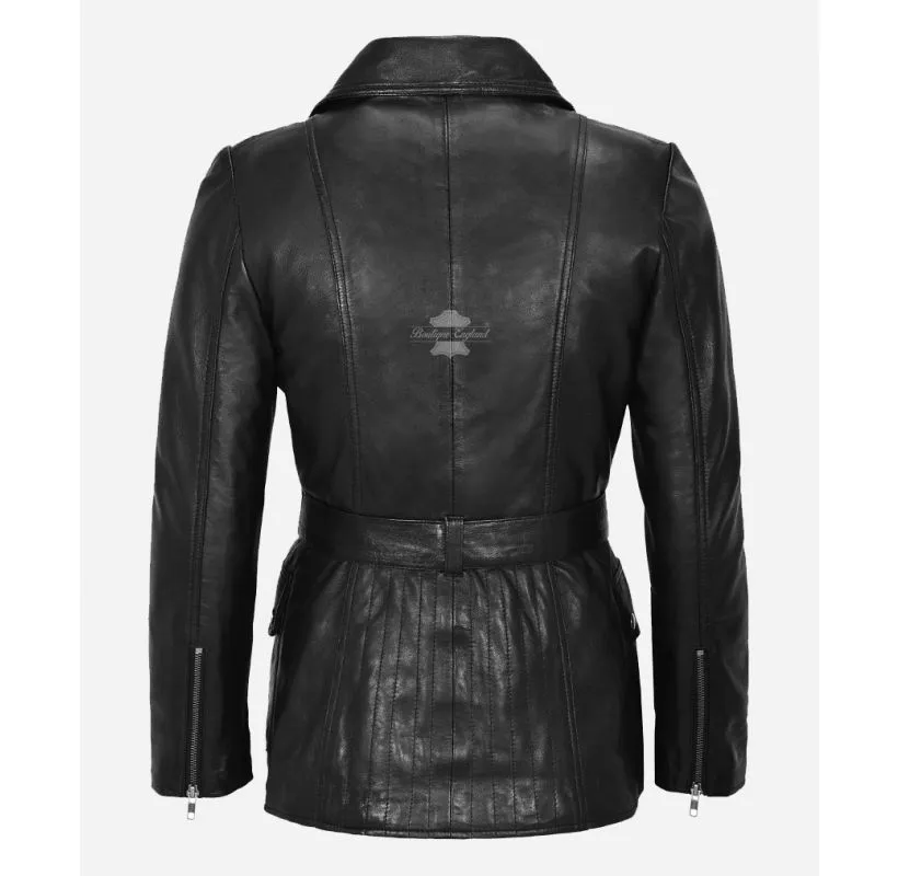 ANGELINE Women's Mid Length Leather Coat Belted Long Jacket