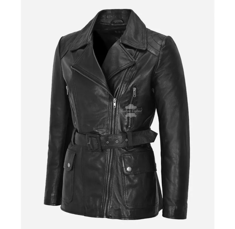 ANGELINE Women's Mid Length Leather Coat Belted Long Jacket