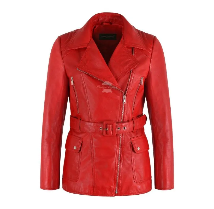 ANGELINE Women's Mid Length Leather Coat Belted Long Jacket