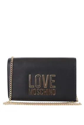 Bolso bandolera negro con cadena y logo lettering dorado