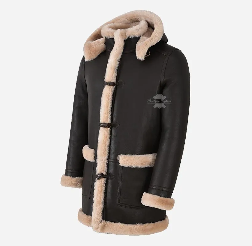 IVAR Men's Real Shearling Duffle Coat Sheepskin Fur Hooded Coat