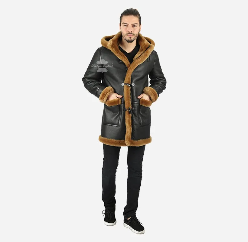 IVAR Men's Real Sheepskin Duffle Coat Shearling Fur Hooded Coat