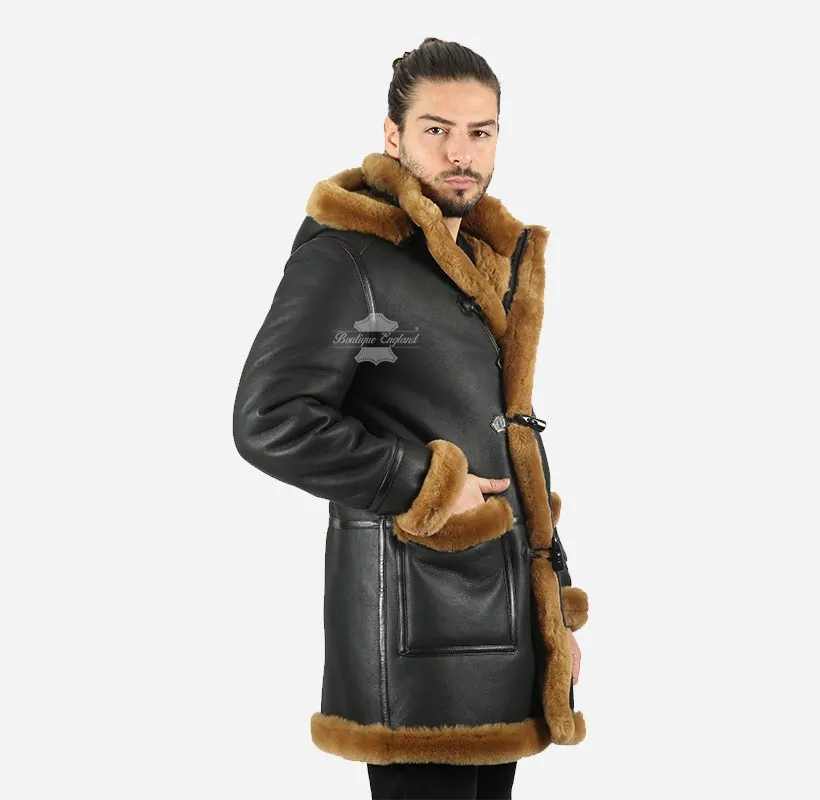 IVAR Men's Real Sheepskin Duffle Coat Shearling Fur Hooded Coat