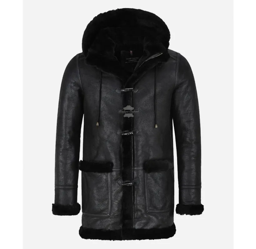 IVAR Men's Sheepskin Duffle Coat Black Shearling Fur Leather Long Hooded Coat