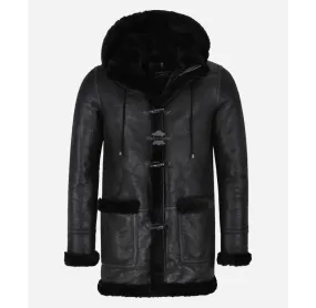 IVAR Men's Sheepskin Duffle Coat Black Shearling Fur Leather Long Hooded Coat