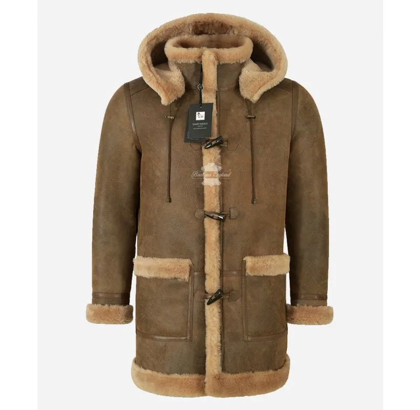 IVAR MEN'S SHEEPSKIN DUFFLE COAT Dirty Brown SHEARLING FUR HOODED COAT