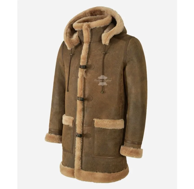 IVAR MEN'S SHEEPSKIN DUFFLE COAT Dirty Brown SHEARLING FUR HOODED COAT