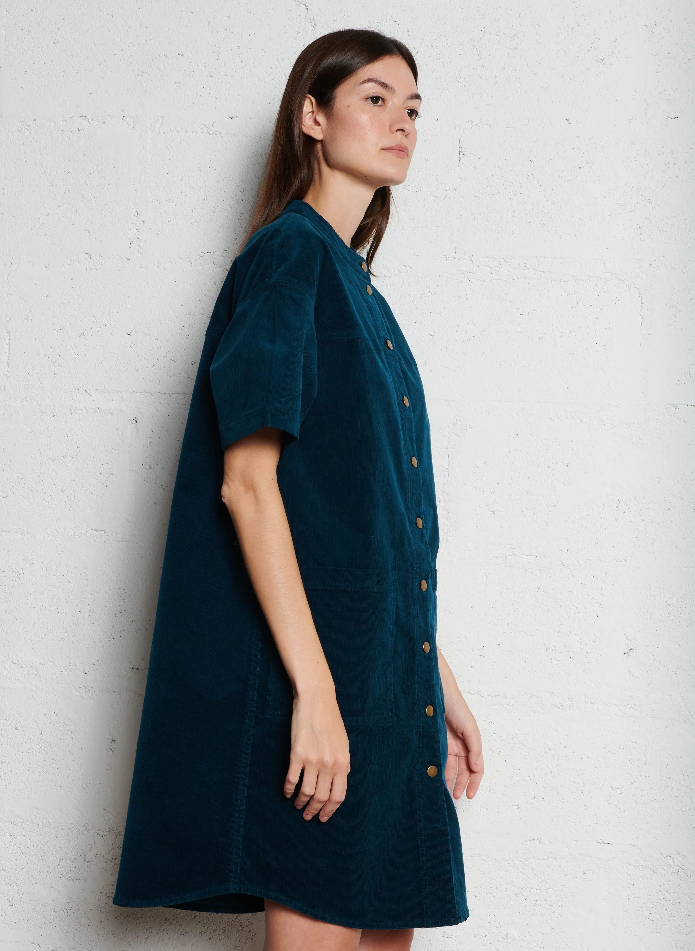 MARTHE - Vestido camisero midi de pana en azul