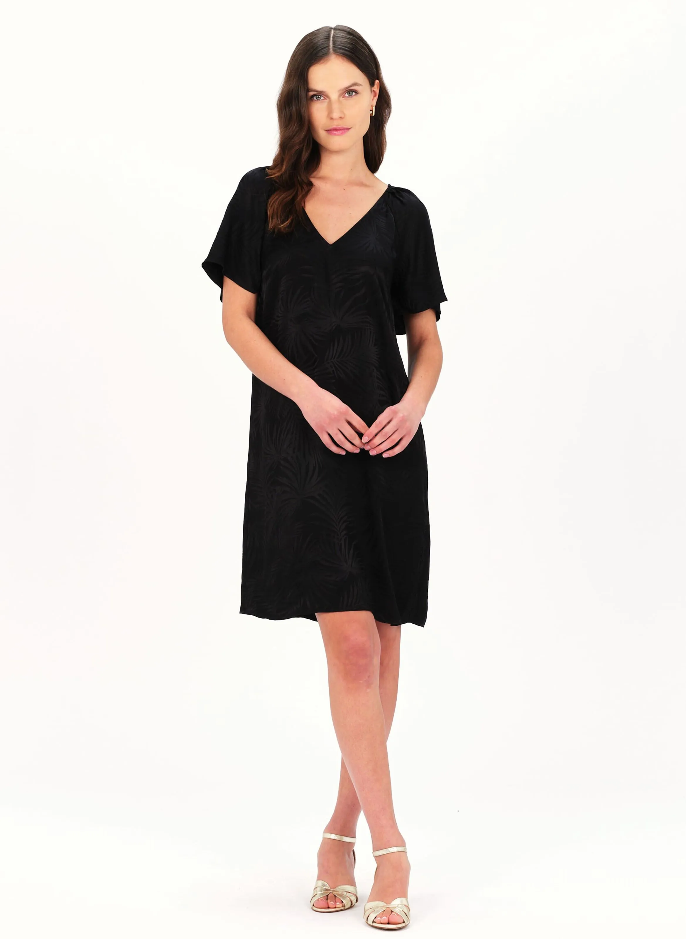 RIMAN - Vestido corto con cuello de pico y jacquard en negro