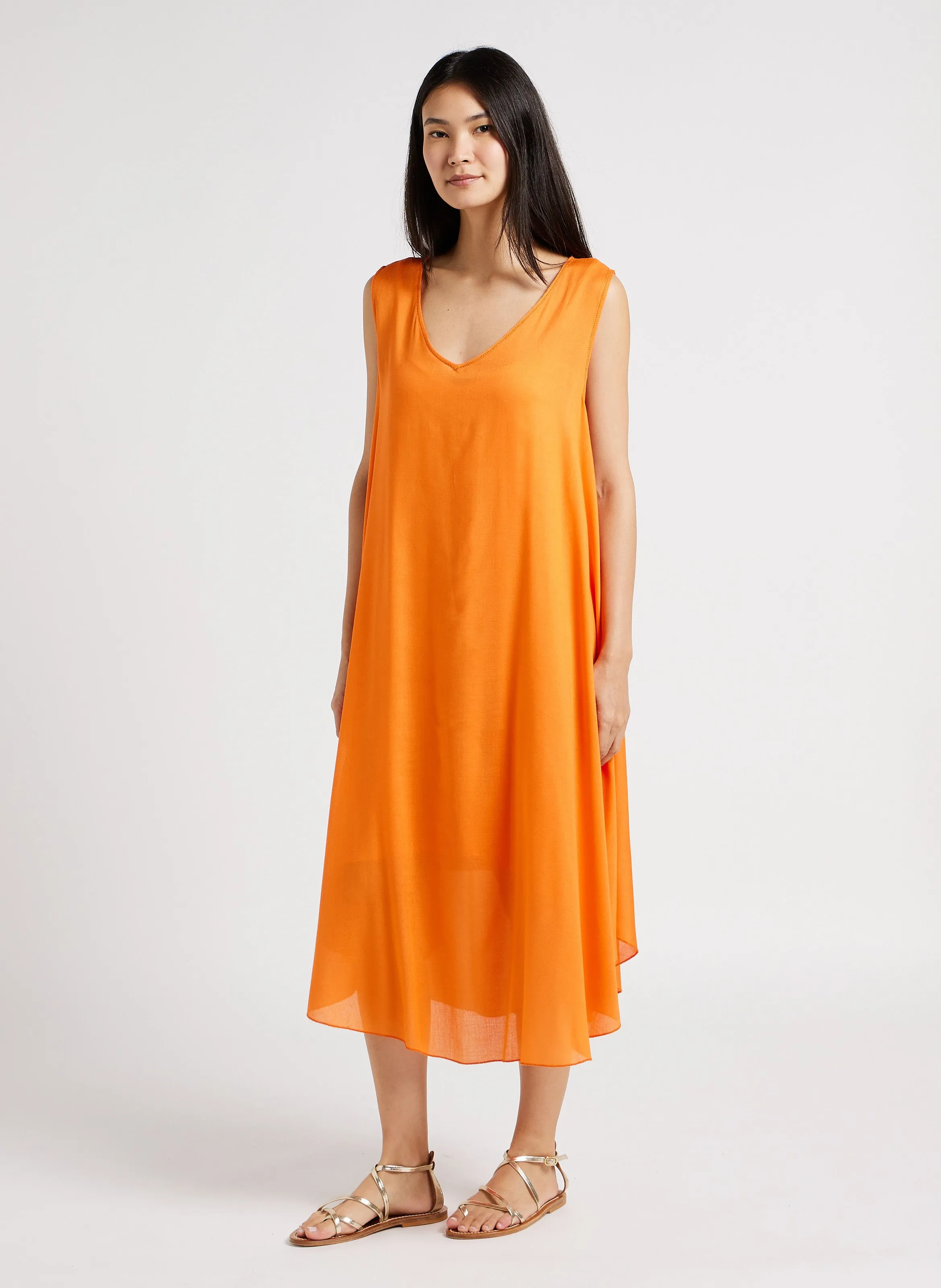 RIMITI - Vestido midi holgado sin mangas en naranja