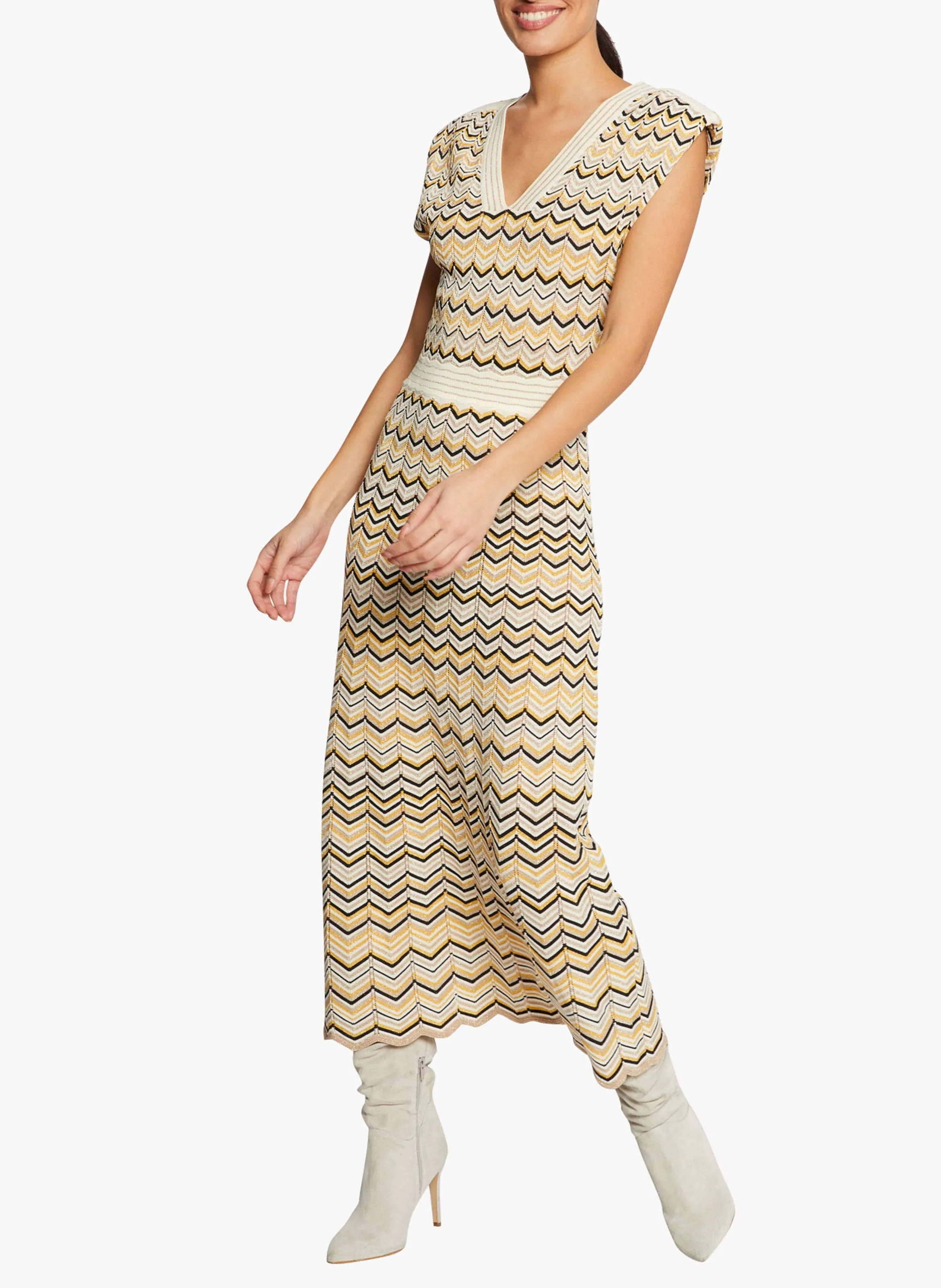 RMBOGI - Vestido midi jacquard con cuello de pico en amarillo