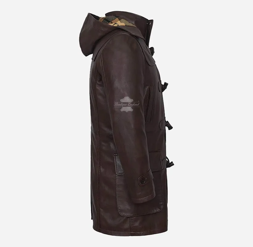 TOGGLE Duffle Leather Coat For Men's With Hood