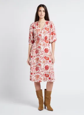 Vestido midi con cuello de pico y estampado floral en rojo