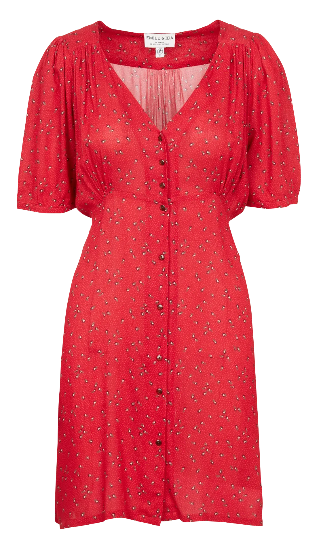 ZIMBA - Vestido camisero recto estampado con cuello de pico en rojo